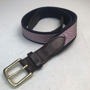 Vineyard Vines Canvas Club Belt Brown Leather Embossed Whale Pink Whale Sz 32